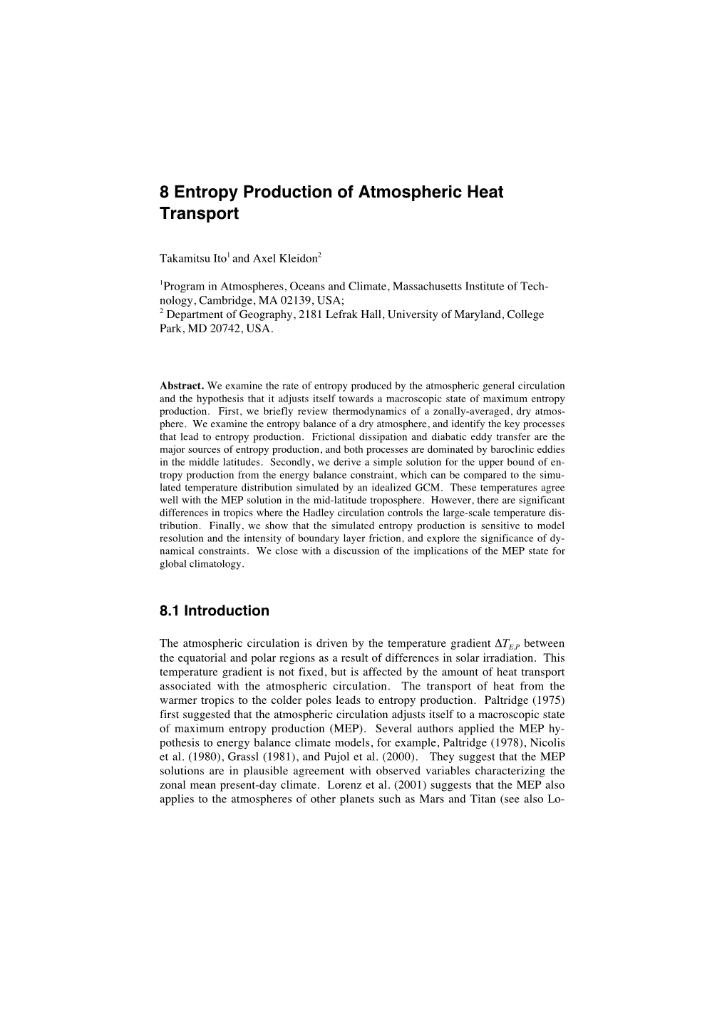 8 Entropy Production of Atmospheric Heat Transport