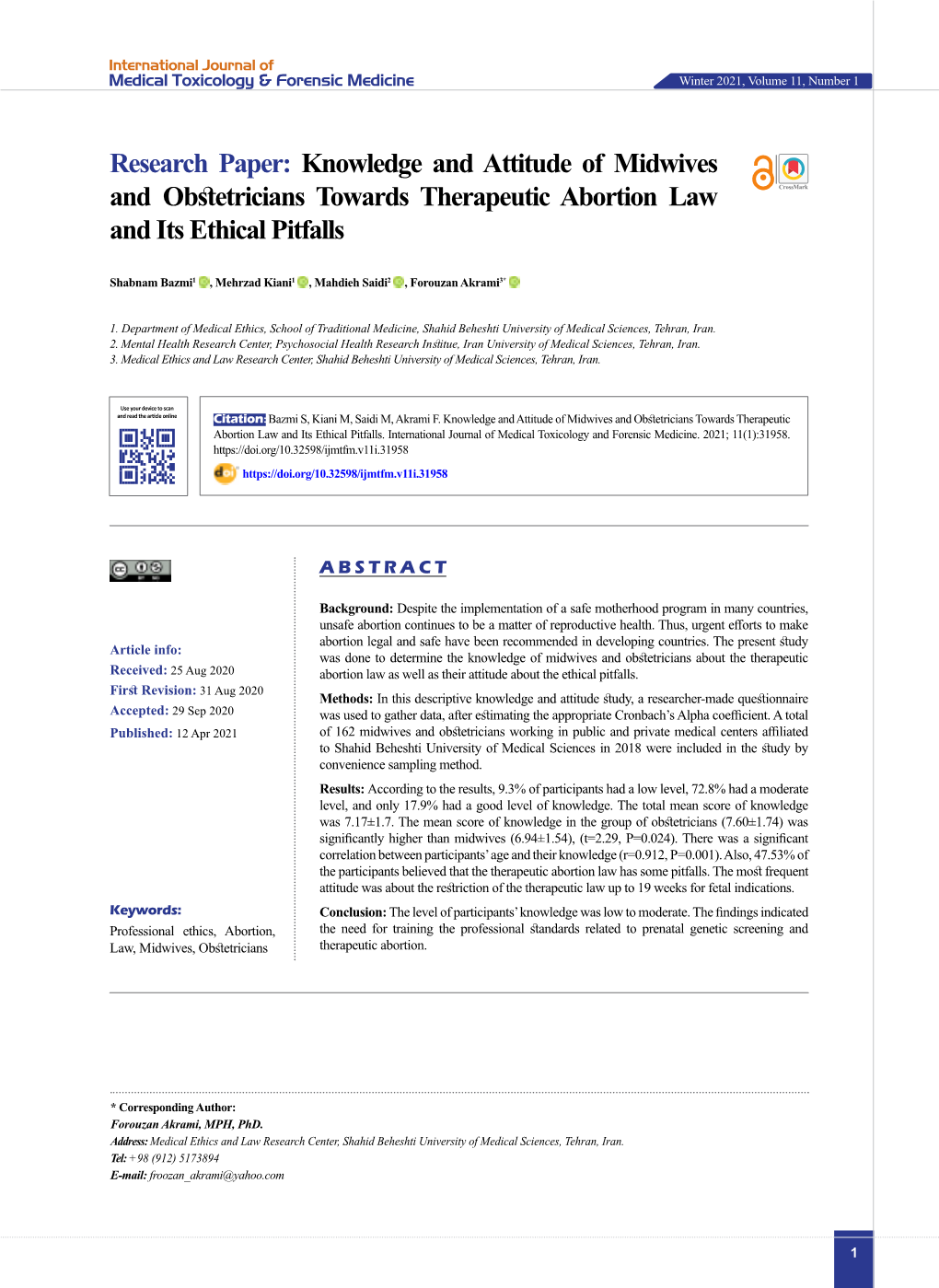 Knowledge and Attitude of Midwives and Obstetricians Towards Therapeutic Abortion Law and Its Ethical Pitfalls