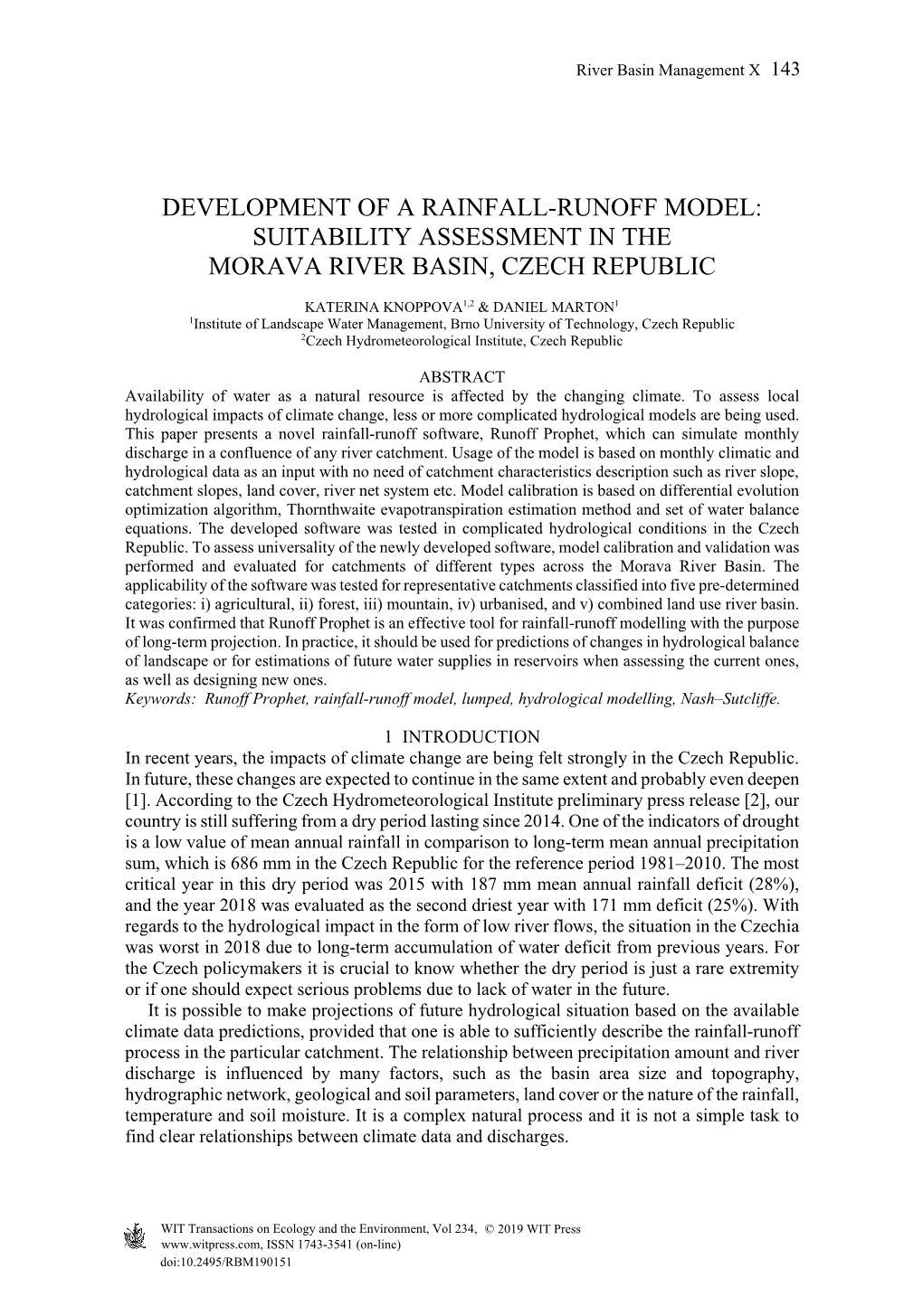 Development of a Rainfall-Runoff Model: Suitability Assessment in the Morava River Basin, Czech Republic