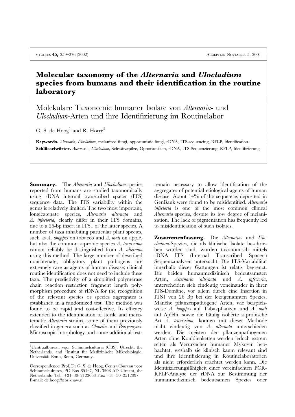 Molecular Taxonomy of the Alternaria and Ulocladium Species from Humans and Their Identiﬁcation in the Routine Laboratory