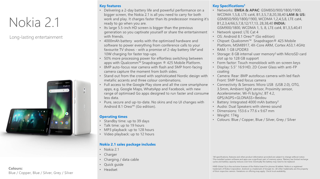 Nokia 2.1 Is All You Need to Carry for Both WCDMA 1,5,8, LTE Cat4, B1,3,5,7,8,20,38,40 LAM & US: Work and Play