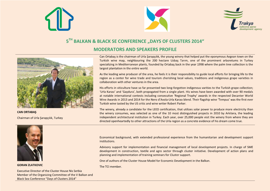 5 Balkan & Black Se Conference „Days of Clusters 2014“ Moderators and Speakers Profile