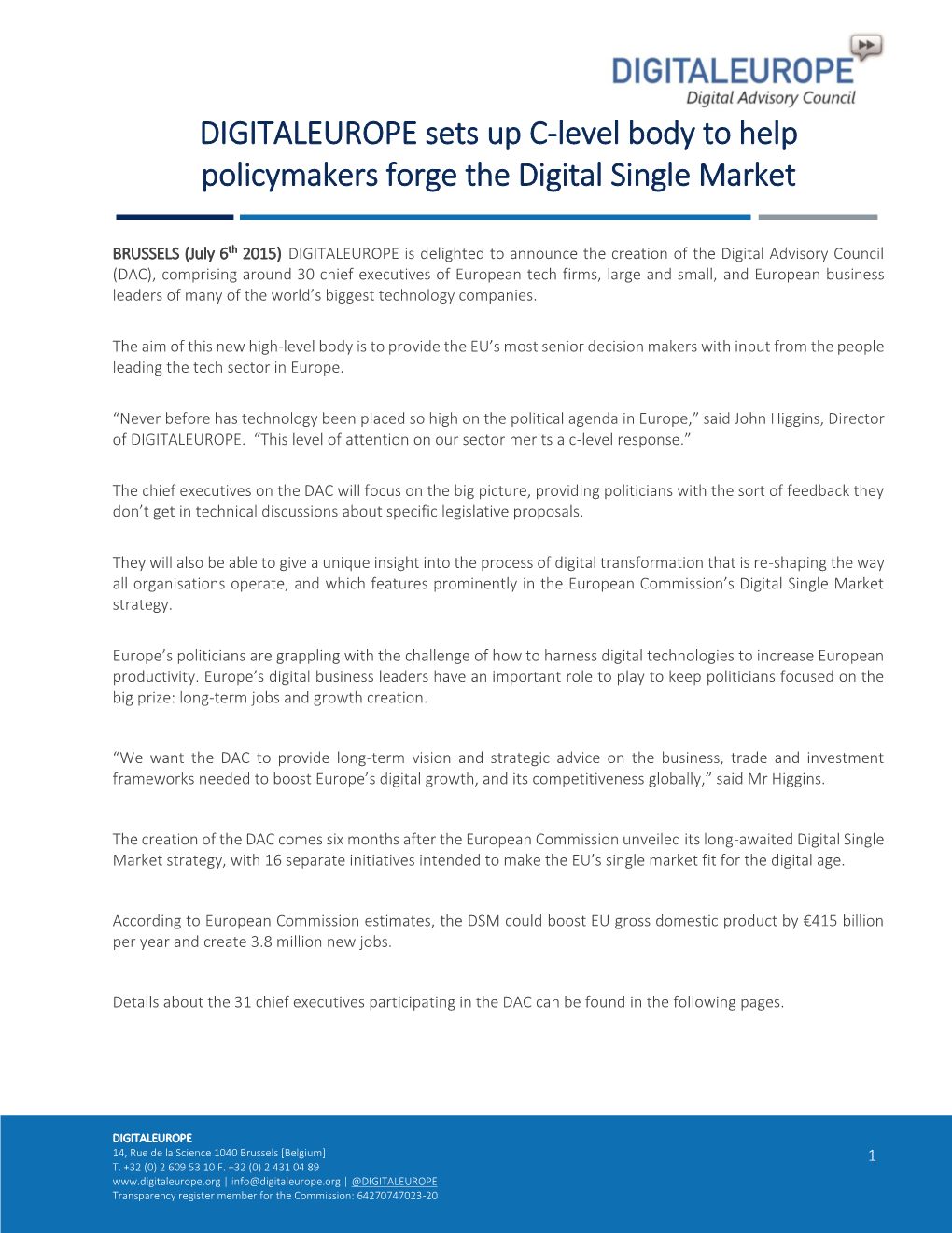 DIGITALEUROPE Sets up C-Level Body to Help Policymakers Forge the Digital Single Market
