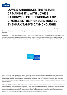 Lowe's Announces the Return of Making It… with Lowe's Nationwide Pitch Program for Diverse Entrepreneurs Hosted by Shark Tank's Daymond John