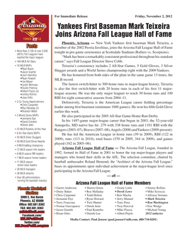 Yankees First Baseman Mark Teixeira Joins Arizona Fall League Hall Of