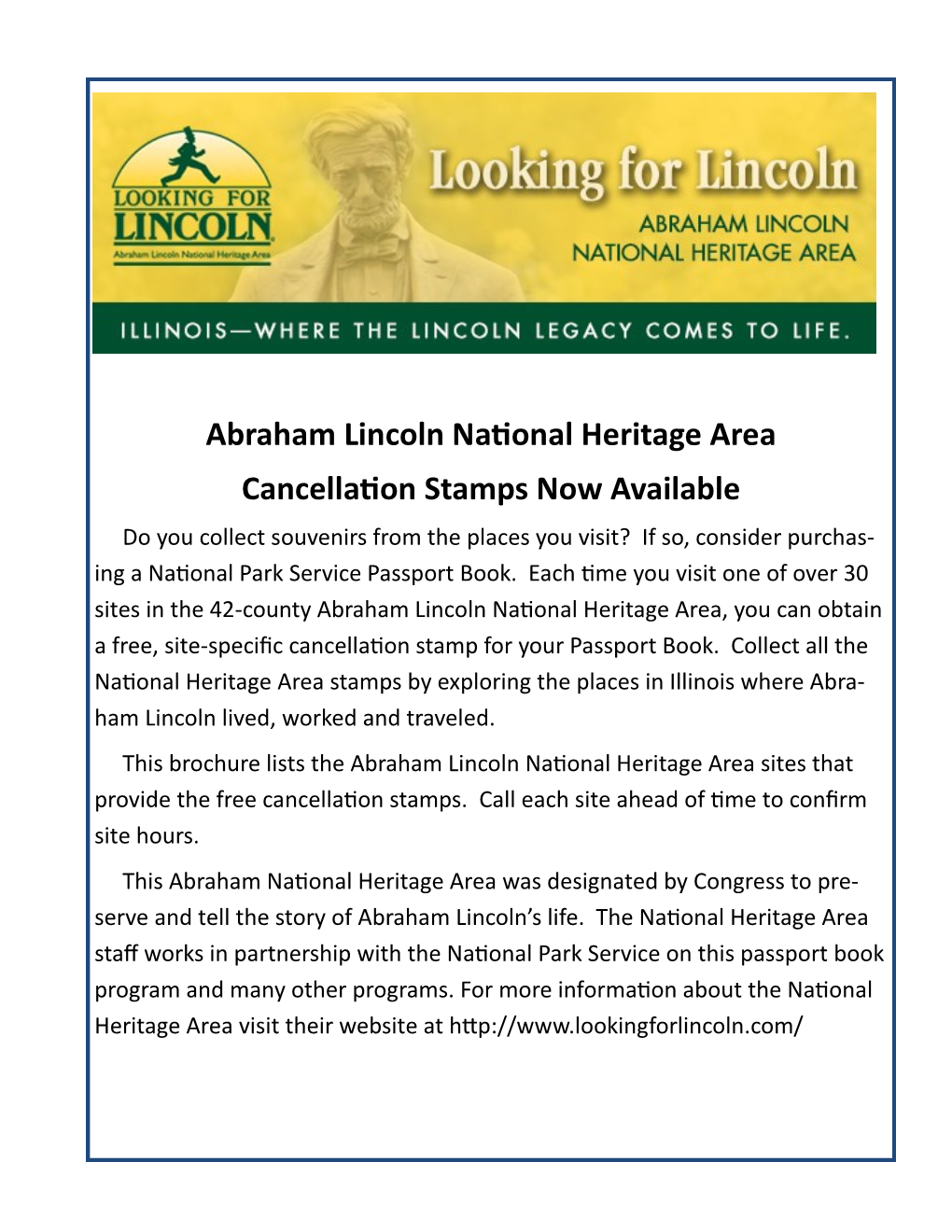 Abraham Lincoln National Heritage Area Cancellation Stamps Now