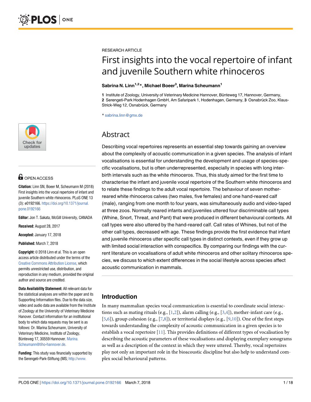 First Insights Into the Vocal Repertoire of Infant and Juvenile Southern White Rhinoceros