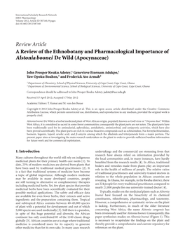 A Review of the Ethnobotany and Pharmacological Importance of Alstonia Boonei De Wild (Apocynaceae)