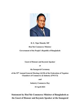 Statement by Hon'ble Commerce Minister of Bangladesh As The