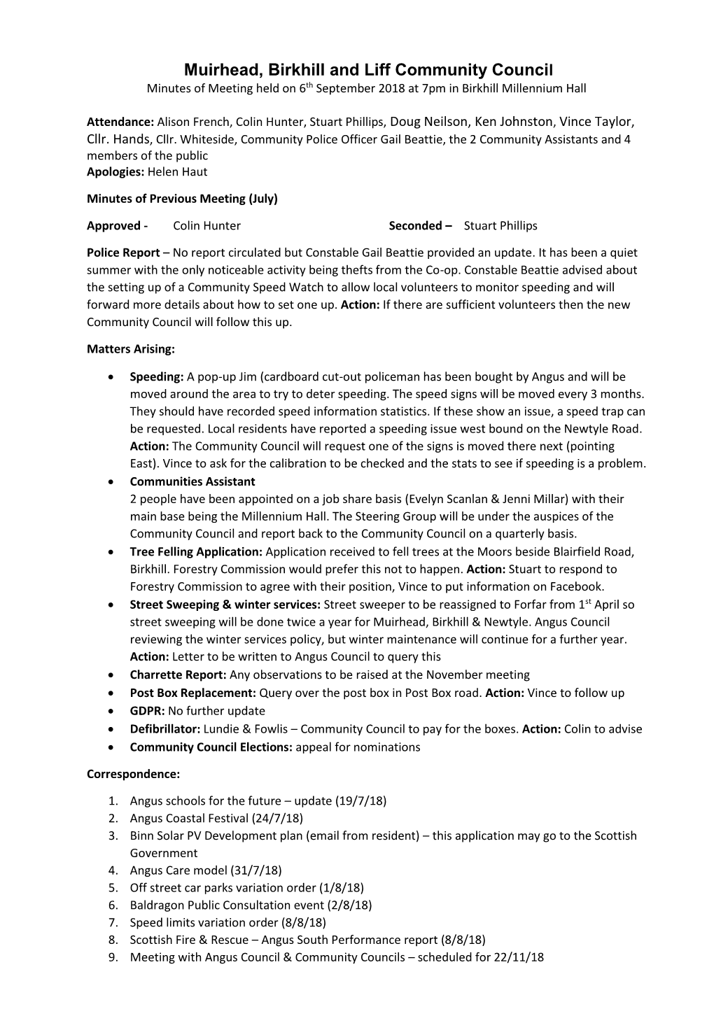 Muirhead, Birkhill and Liff Community Council Minutes of Meeting Held on 6Th September 2018 at 7Pm in Birkhill Millennium Hall