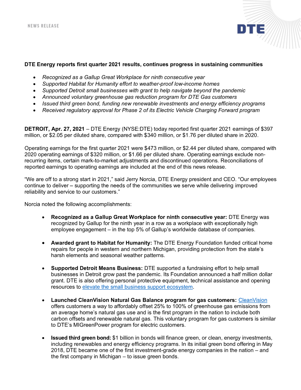 DTE Energy Reports First Quarter 2021 Results, Continues Progress in Sustaining Communities