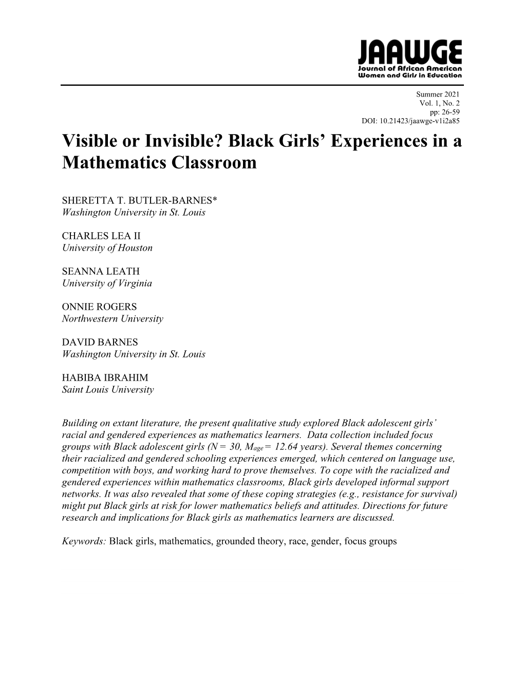 Black Girls' Experiences in a Mathematics Classroom