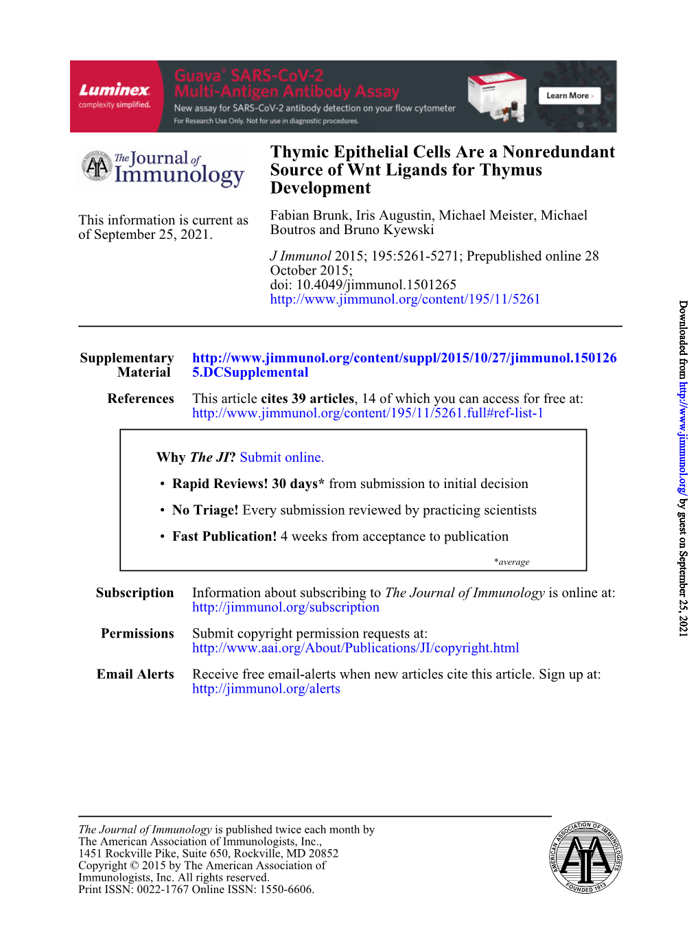 Development Source of Wnt Ligands for Thymus Thymic Epithelial Cells