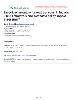 Emissions Inventory for Road Transport in India in 2020: Framework and Post Facto Policy Impact Assessment