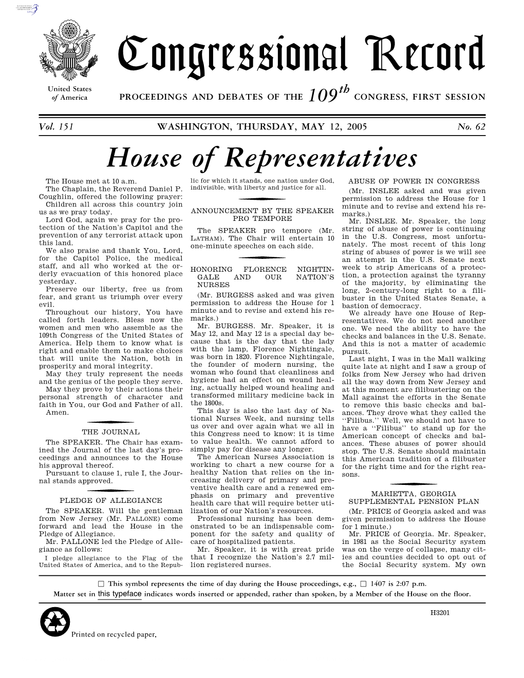 Congressional Record United States Th of America PROCEEDINGS and DEBATES of the 109 CONGRESS, FIRST SESSION