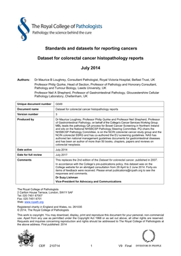 Standards and Datasets for Reporting Cancers Dataset for Colorectal Cancer Histopathology Reports July 2014
