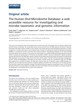 Original Article the Human Oral Microbiome Database: a Web Accessible Resource for Investigating Oral Microbe Taxonomic and Genomic Information