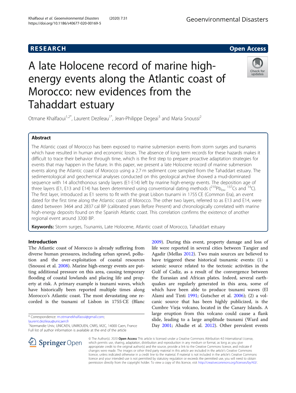 A Late Holocene Record of Marine High-Energy Events Along the Atlantic Coast of Morocco: New Evidences from the Tahaddart Estuar