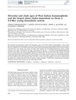 Diversity and Clade Ages of West Indian Hummingbirds and the Largest Plant Clades Dependent on Them: a 5–9 Myr Young Mutualistic System