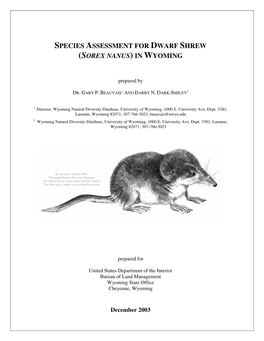 Species Assessment for Dwarf Shrew (Sorex Nanus ) in Wyoming
