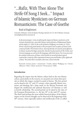 Impact of Islamic Mysticism on German Romanticism: the Case of Goethe Raid Al-Daghistani University of Münster, Centre for Islamic Theology, Hammer Str