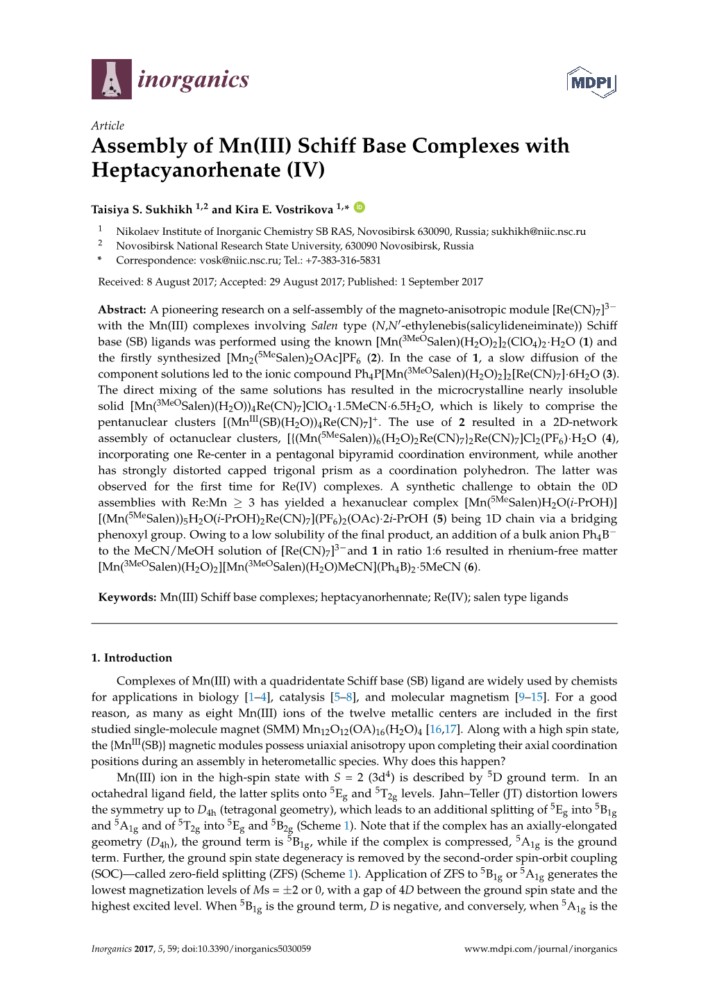 Assembly of Mn(III) Schiff Base Complexes with Heptacyanorhenate (IV)