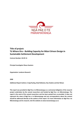 Building Capacity for Māori Driven Design in Sustainable Settlement Development