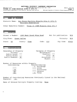 TITAN II ICBM MISSILE SITE 8 (571-7) Page 1 United States Department of the Interior, National Park Service National Register of Historic Places Registration Form