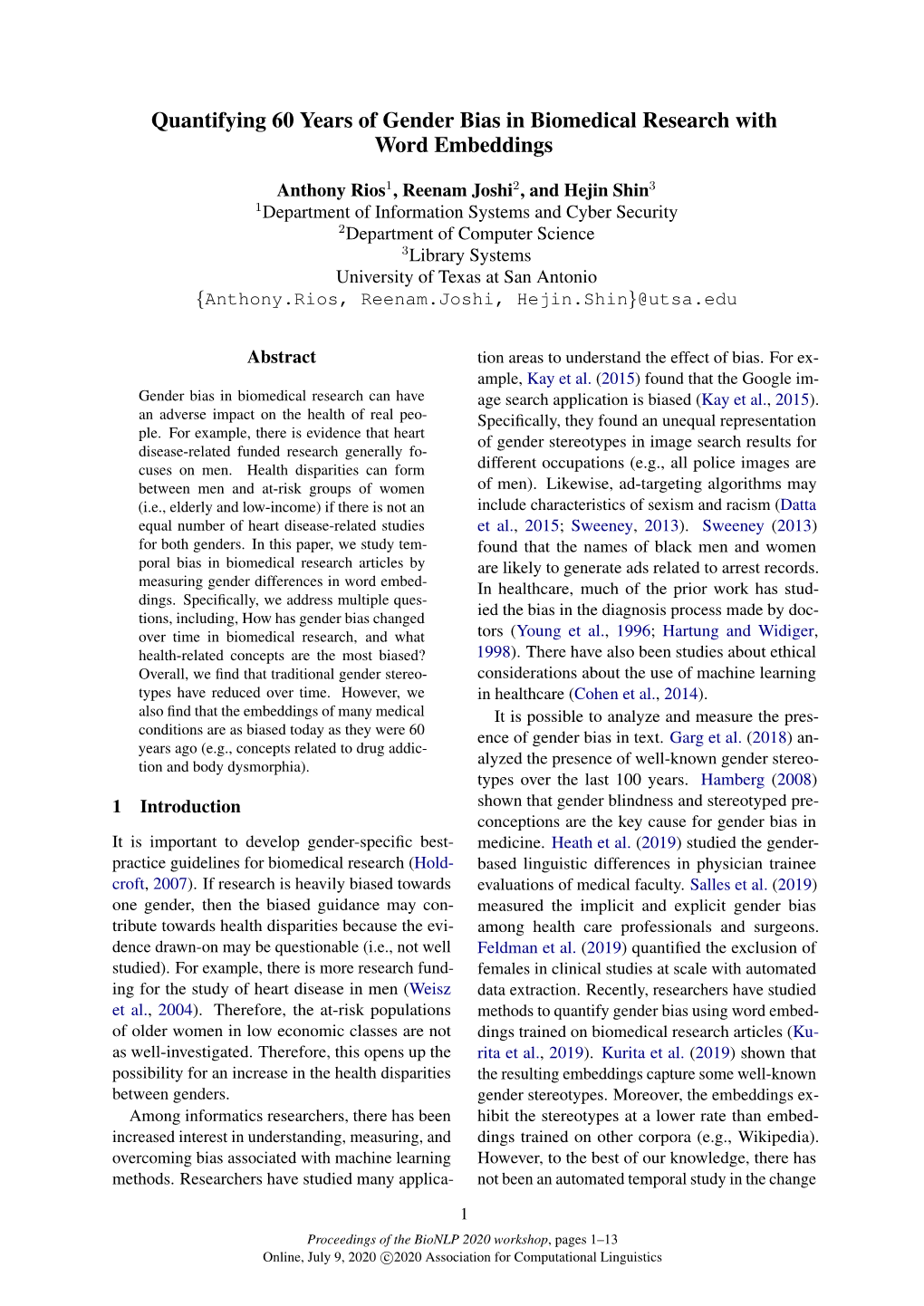 Quantifying 60 Years of Gender Bias in Biomedical Research with Word Embeddings