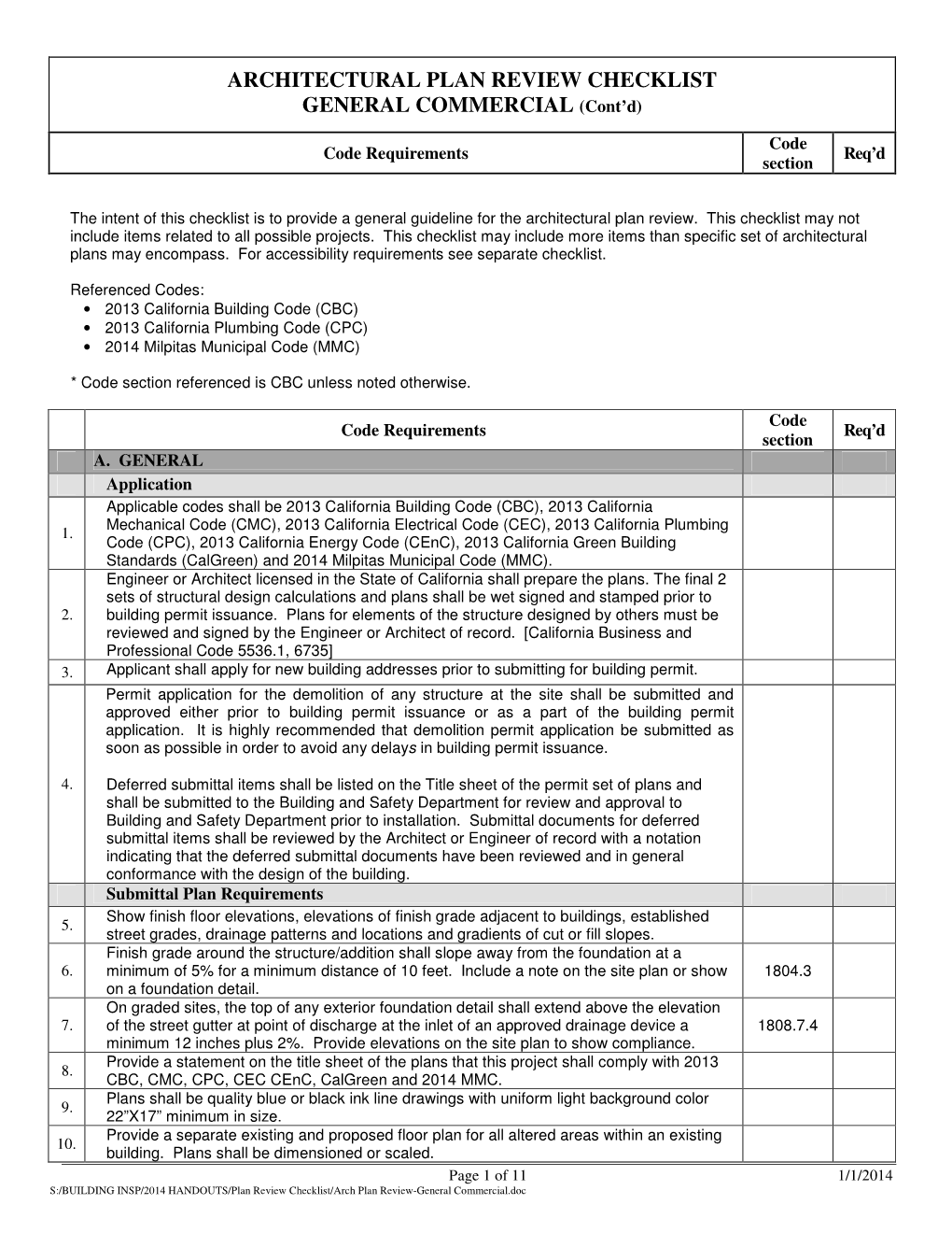 ARCHITECTURAL PLAN REVIEW CHECKLIST GENERAL COMMERCIAL (Cont’D) DocsLib