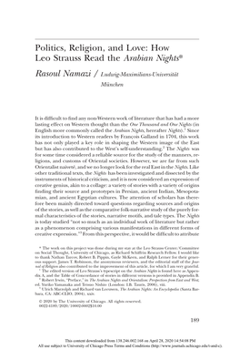 Politics, Religion, and Love: How Leo Strauss Read the Arabian Nights*