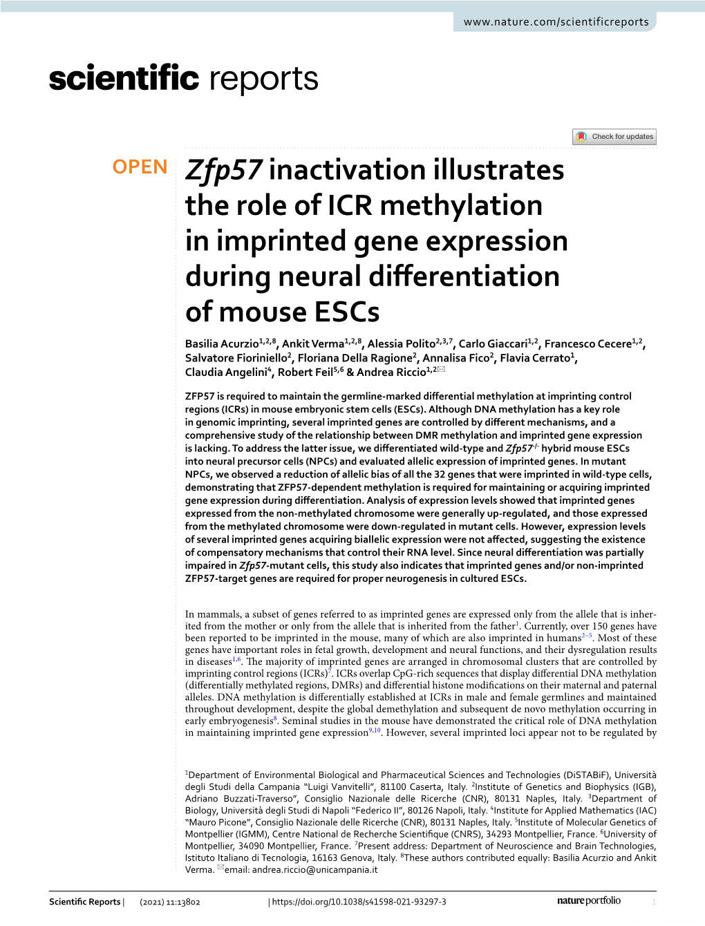 Zfp57 Inactivation Illustrates the Role of ICR Methylation in Imprinted Gene Expression During Neural Differentiation of Mouse E