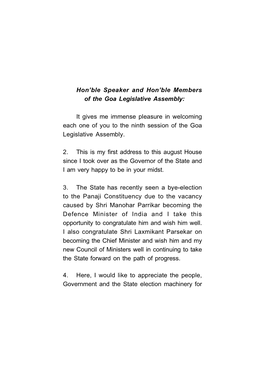 Hon'ble Speaker and Hon'ble Members of the Goa Legislative