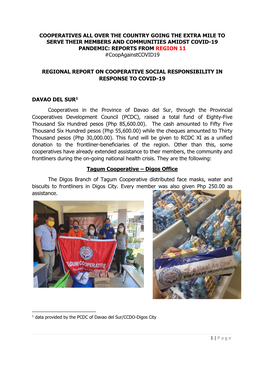 COOPERATIVES ALL OVER the COUNTRY GOING the EXTRA MILE to SERVE THEIR MEMBERS and COMMUNITIES AMIDST COVID-19 PANDEMIC: REPORTS from REGION 11 #Coopagainstcovid19