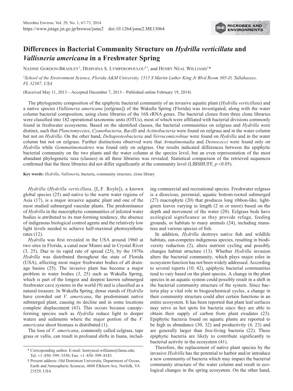 Differences in Bacterial Community Structure on Hydrilla Verticillata and Vallisneria Americana in a Freshwater Spring