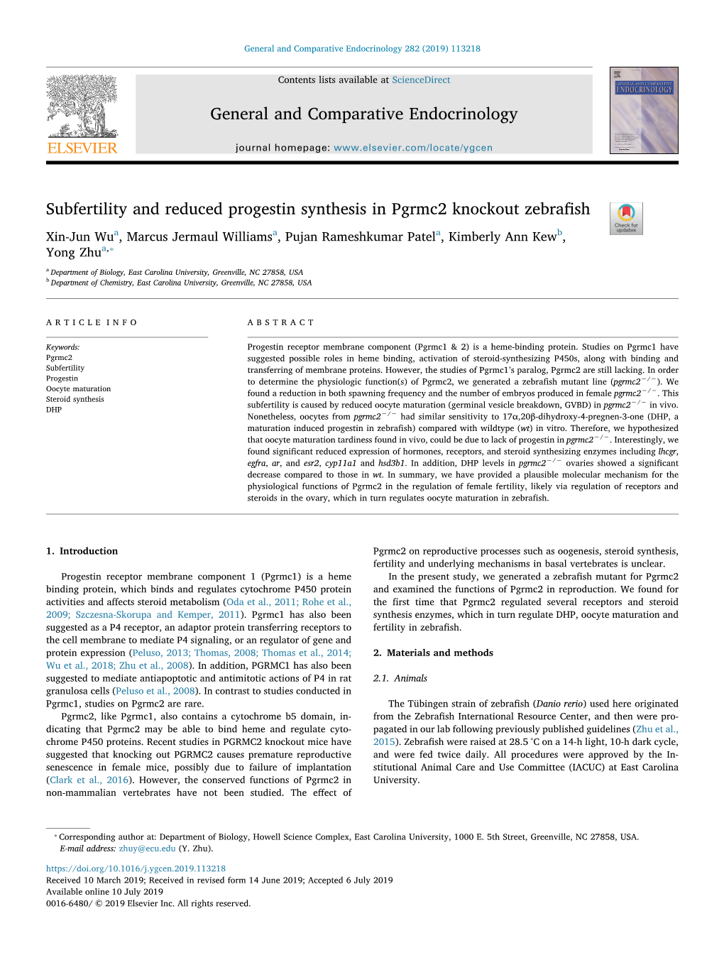 Subfertility and Reduced Progestin Synthesis in Pgrmc2 Knockout