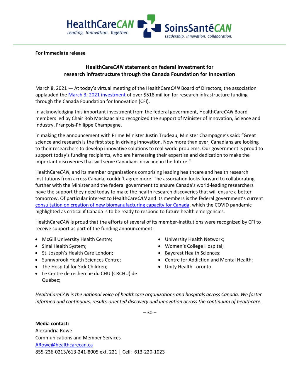 Healthcarecan Statement on Federal Investment for Research Infrastructure Through the Canada Foundation for Innovation