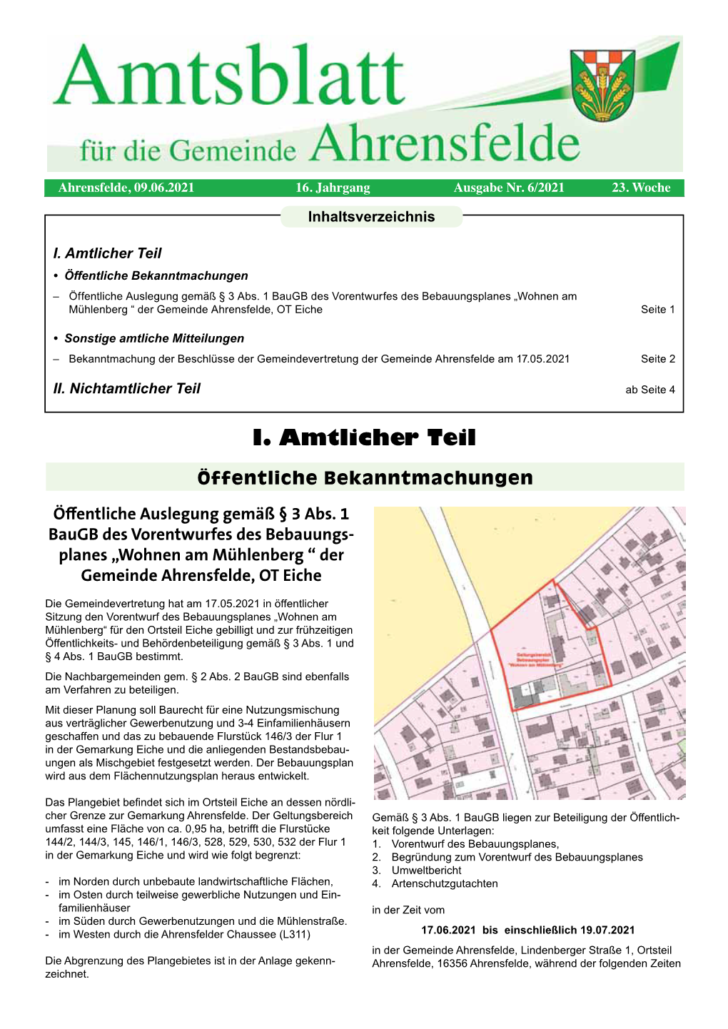 I. Amtlicher Teil • Öffentliche Bekanntmachungen – Öffentliche Auslegung Gemäß § 3 Abs