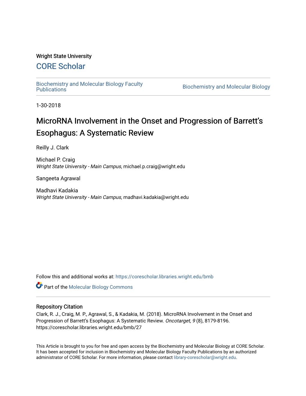 Microrna Involvement in the Onset and Progression of Barrett's