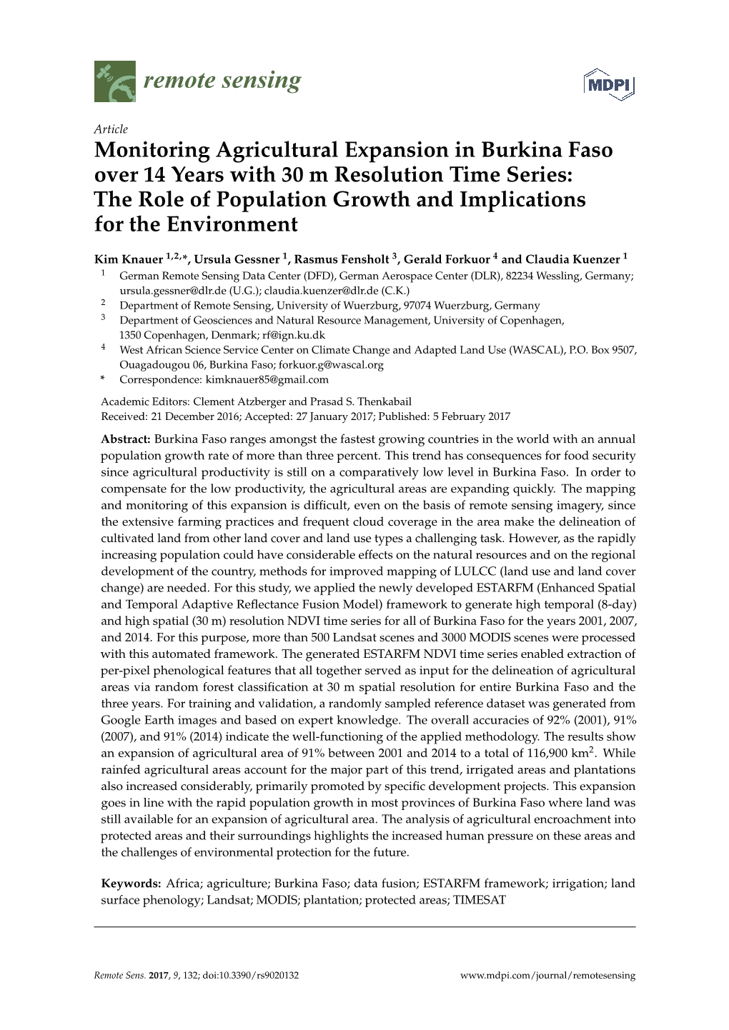 Monitoring Agricultural Expansion in Burkina Faso Over 14 Years with 30 M Resolution Time Series: the Role of Population Growth and Implications for the Environment