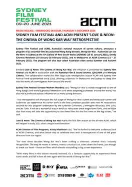 Sydney Film Festival and Acmi Present 'Love & Neon: the Cinema of Wong Kar Wai' Retrospective