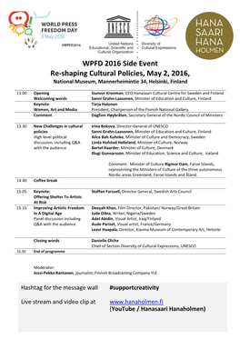 WPFD 2016 Side Event Re-Shaping Cultural Policies, May 2, 2016, National Museum, Mannerheimintie 34, Helsinki, Finland