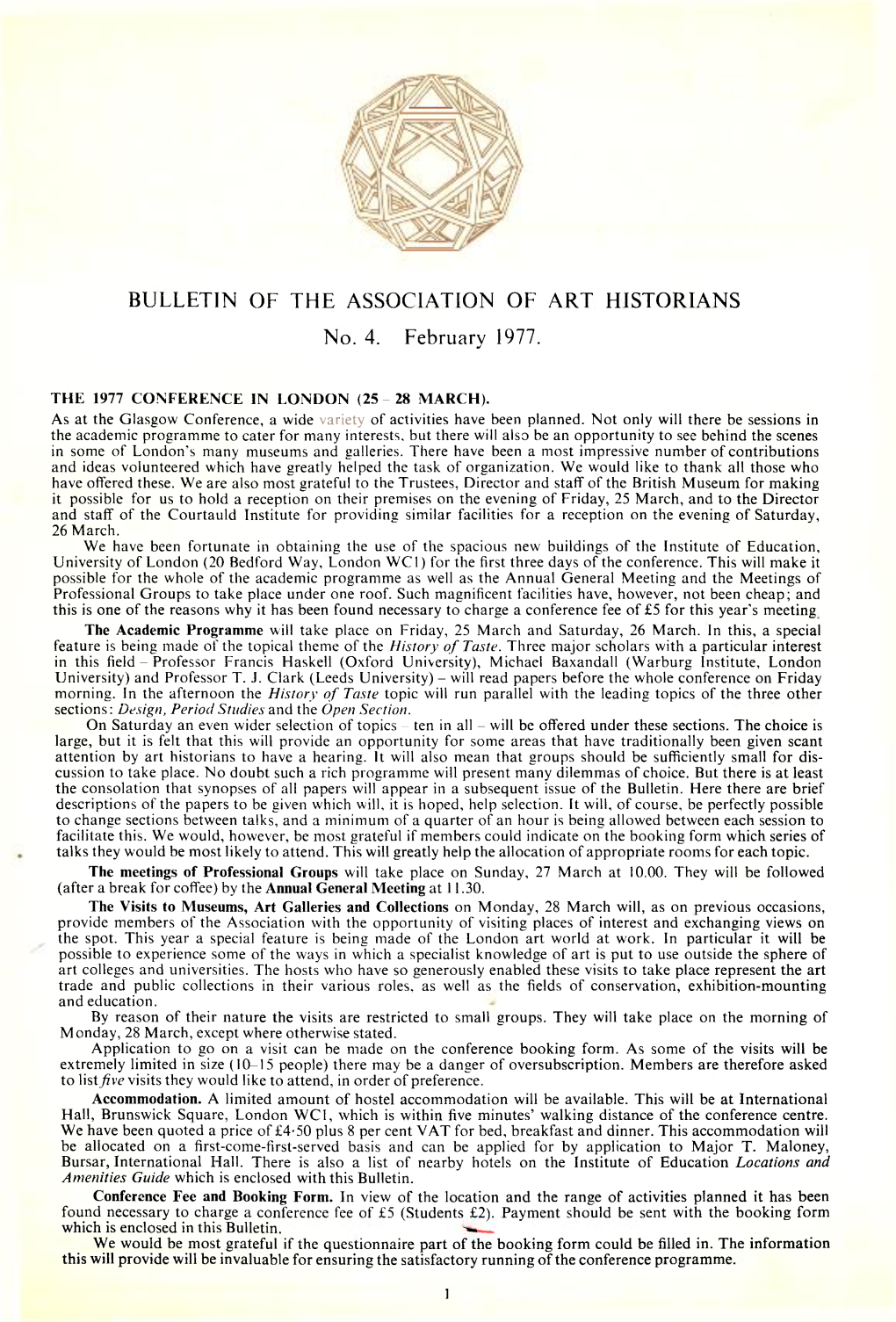 BULLETIN of the ASSOCIATION of ART HISTORIANS No. 4. February 1977