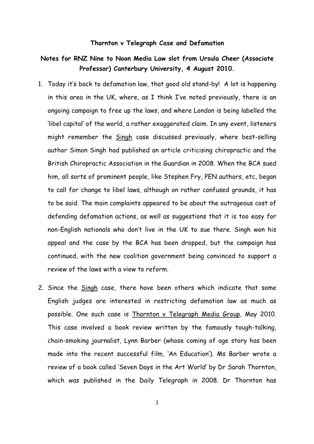 Thornton V Telegraph Case and Defamation Notes for RNZ Nine To