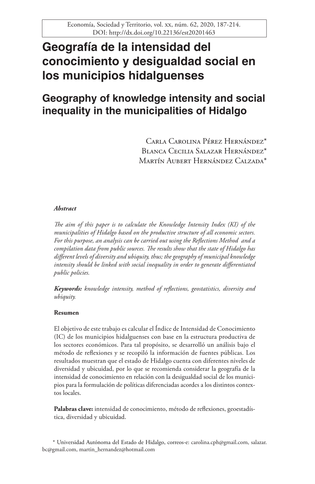 Geografía De La Intensidad Del Conocimiento Y Desigualdad Social En Los Municipios Hidalguenses