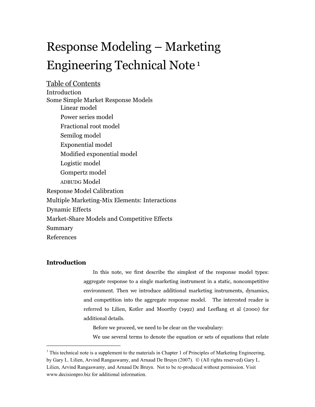 Response Modeling – Marketing Engineering Technical Note1