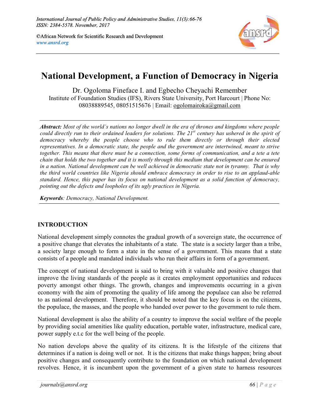 National Development, a Functi L Development, a Function Of
