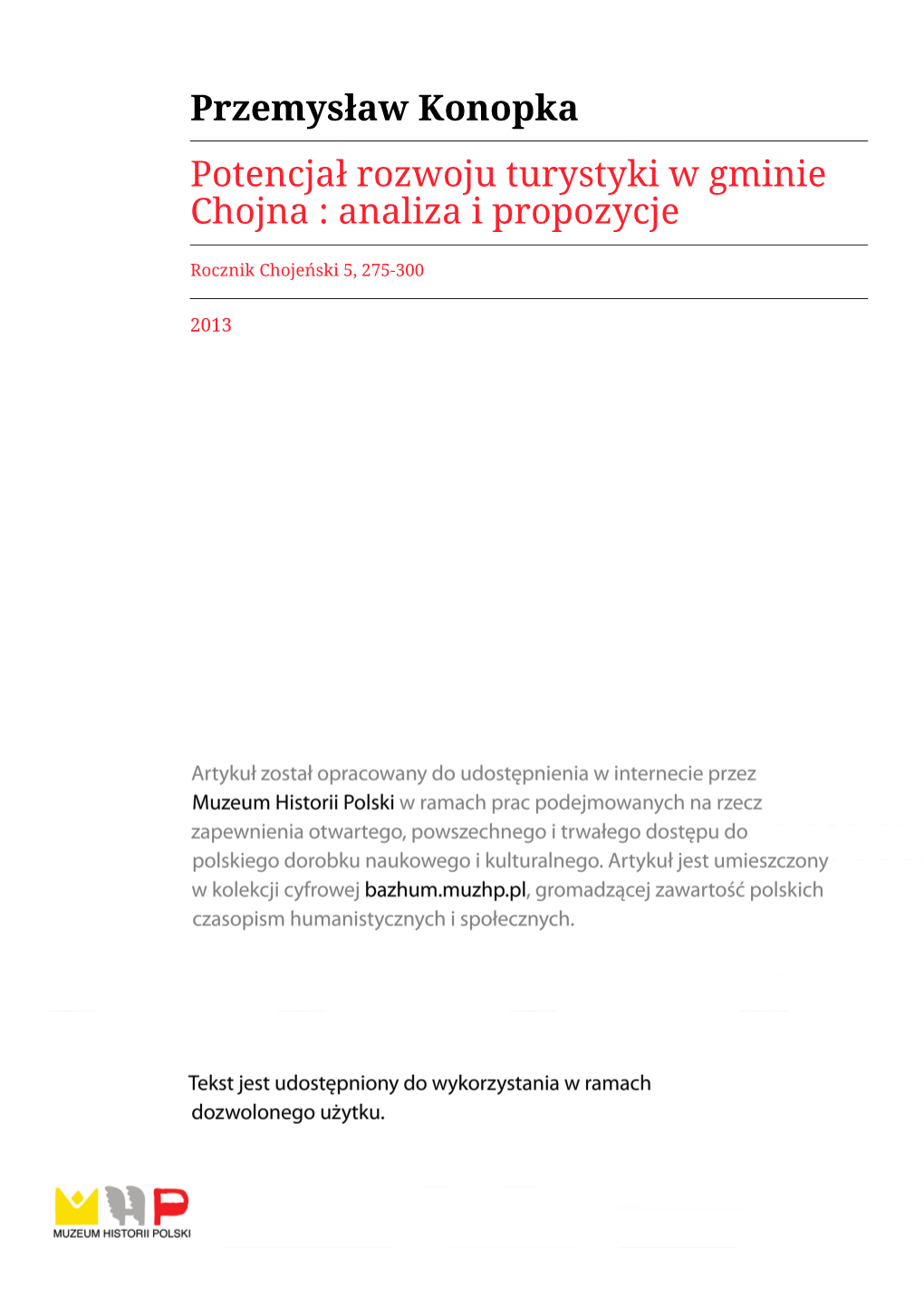 Potencjał Rozwoju Turystyki W Gminie Chojna : Analiza I Propozycje