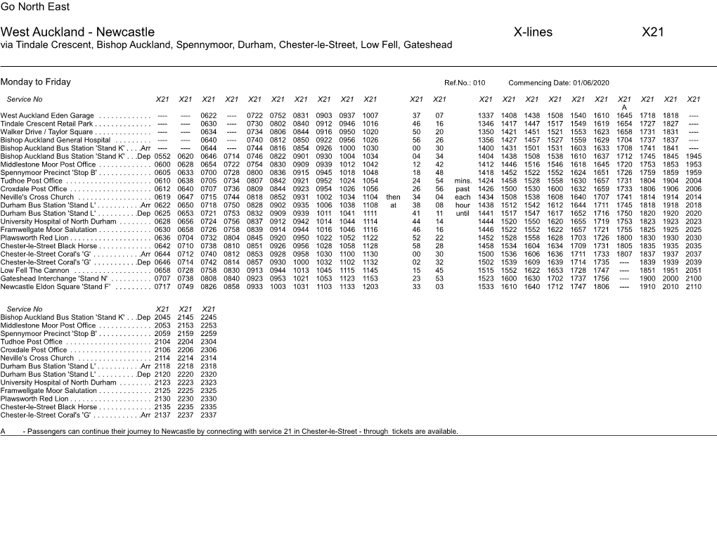 West Auckland - Newcastle X-Lines X21 Via Tindale Crescent, Bishop Auckland, Spennymoor, Durham, Chester-Le-Street, Low Fell, Gateshead
