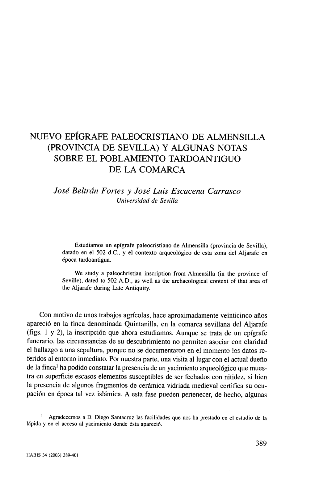Nuevo Epígrafe Paleocristiano De Almensilla (Provincia De Sevilla) Y Algunas Notas Sobre El Poblamiento Tardoantiguo De La Comarca